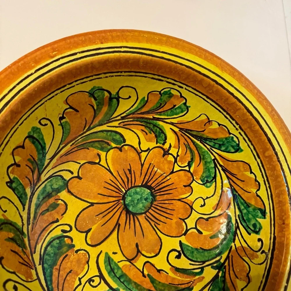 Hand-Painted vintage Italy Floral Ceramic Bowl large yellow orange green pottery